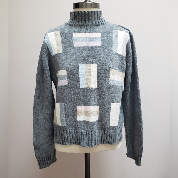 Liz Claiborne Sweaters - Liz Claiborne Gray Geometric Stripe Print Mock Turtleneck Sweater, Size Medium